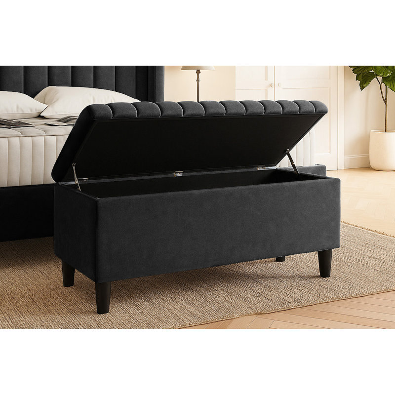 Plush Velvet Lined Upholstered Ottoman Storage Box with Wooden Legs, Black, 45cm H X 137cm W X 40cm D