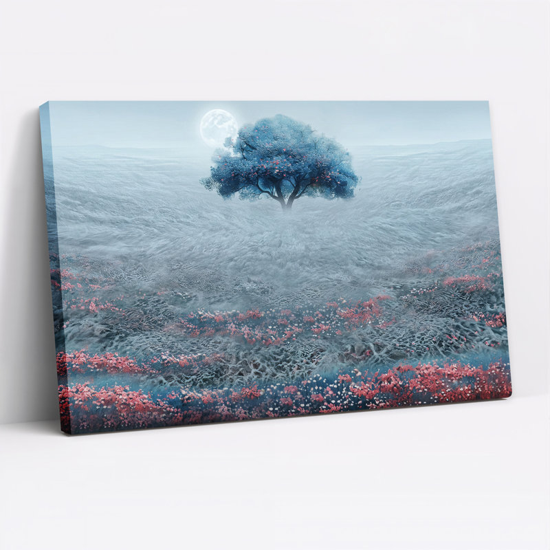 Arbre bleu et fleurs roses sur fond clair de lune, art mural sur toile, H 12 po x l 18 po
