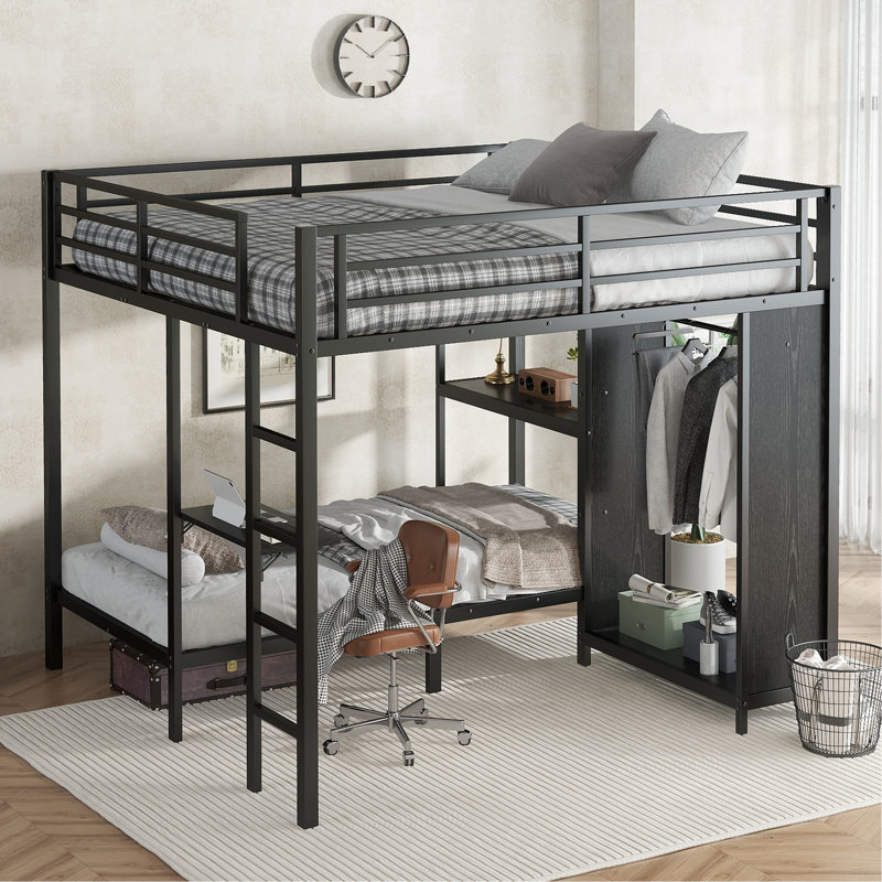 Structure de lit superposé avec garde-robe intégrée, lit superposé en métal avec bureau pliable