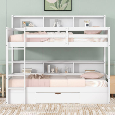 Lit superposé simple en bois de pin blanc avec tablettes intégrées et tiroir de rangement sous le bas pour un usage domestique