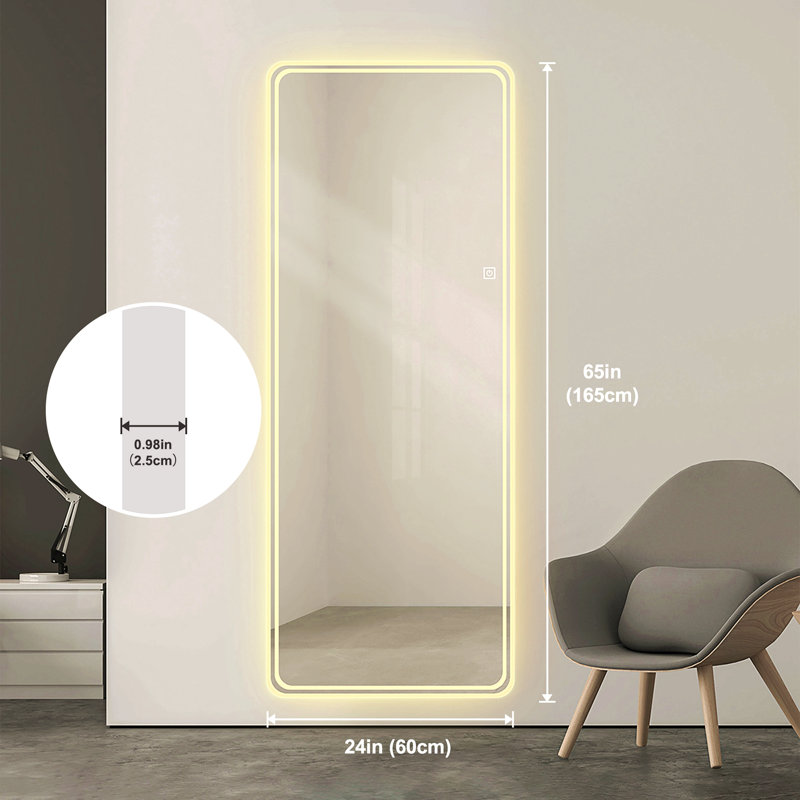 Miroir de plancher pleine longueur 65 po x 24 po à DEL avec miroir de corps entier, miroir mural avec lumières, miroir de coiffeuse, miroir de chambre à coucher avec gradateur et 3 modes de couleur