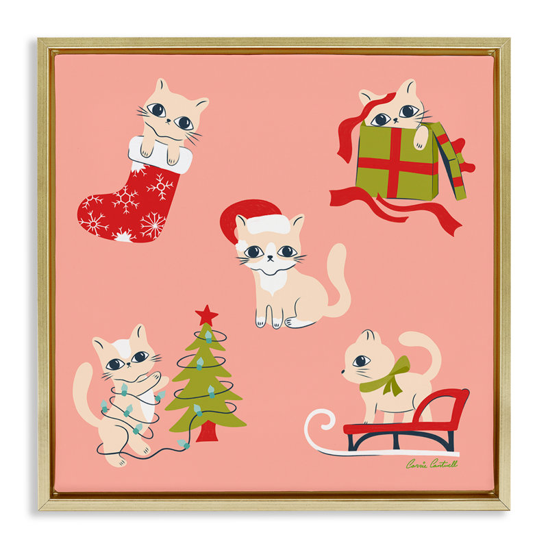 Art mural sur toile, "Fêtes des chats" par Carrie Cantwell, H 18 po x l 18 po, Cadre flottant métallique doré