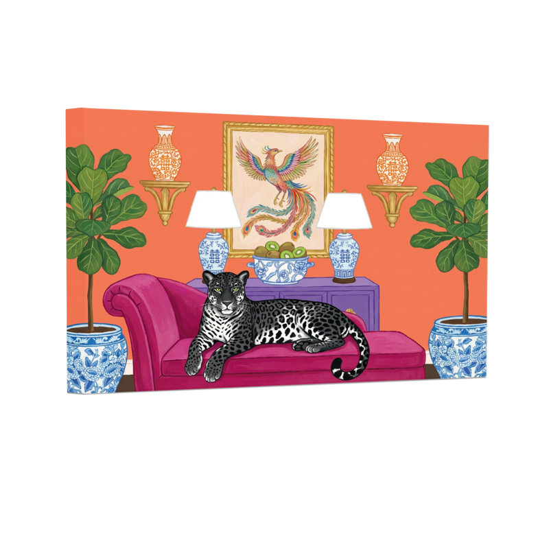 Animaux léopard sur canapé rose avec plantes et vases, H 24 po x l 36 po