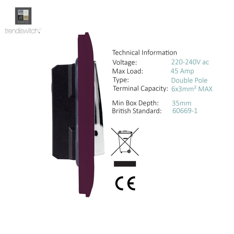 Trendi Switch 1 Gang 45 Amp Cooker Switch with Neon, Plum