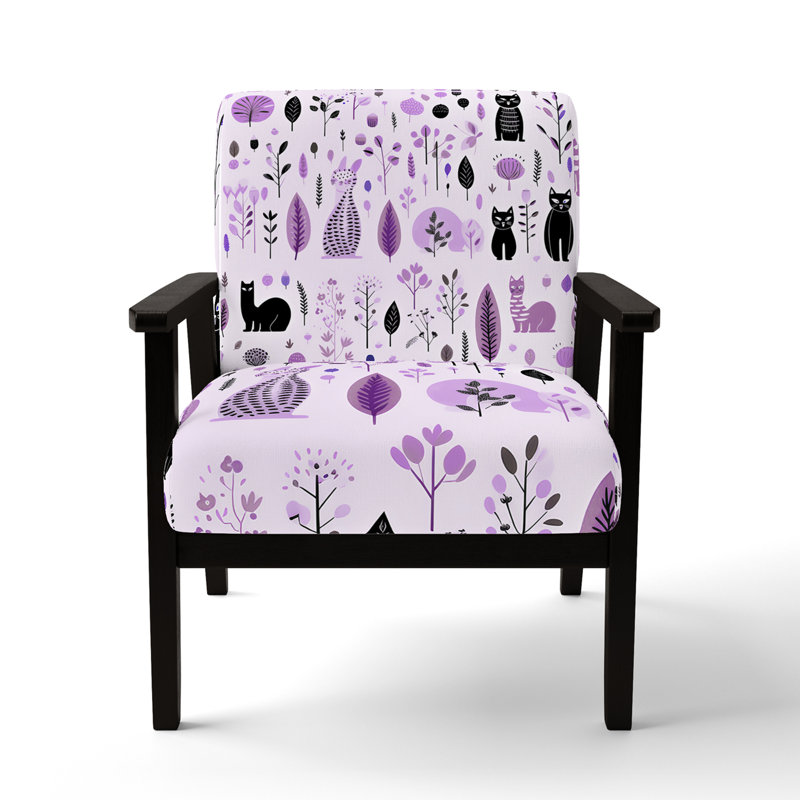 Minimalist Forest Animal Pattern - Upholstered Casual Accent Arm Chair, Purple/Black, Black