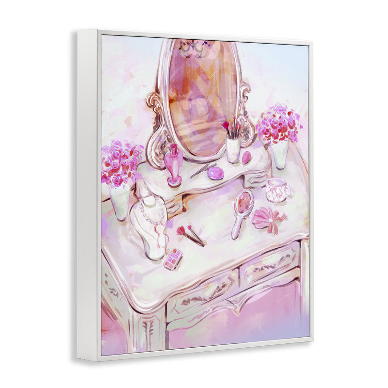 Vue de coiffeuse rose pastel encadrée, estampe numérique, design par Ziwei Li, H 14 po x l 11 po