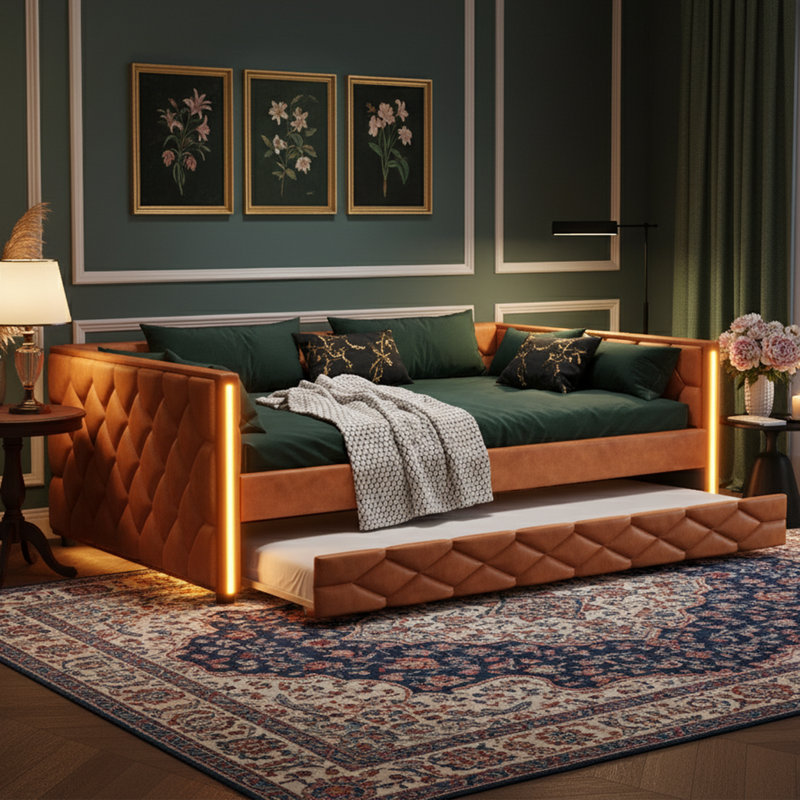  87" Wide Full XL Upholstered Daybed with Twin Trundle - 80" Extra Long Sofa Bed with App-Controlled Smart LED Armrests - Premium PU Leather - Orange