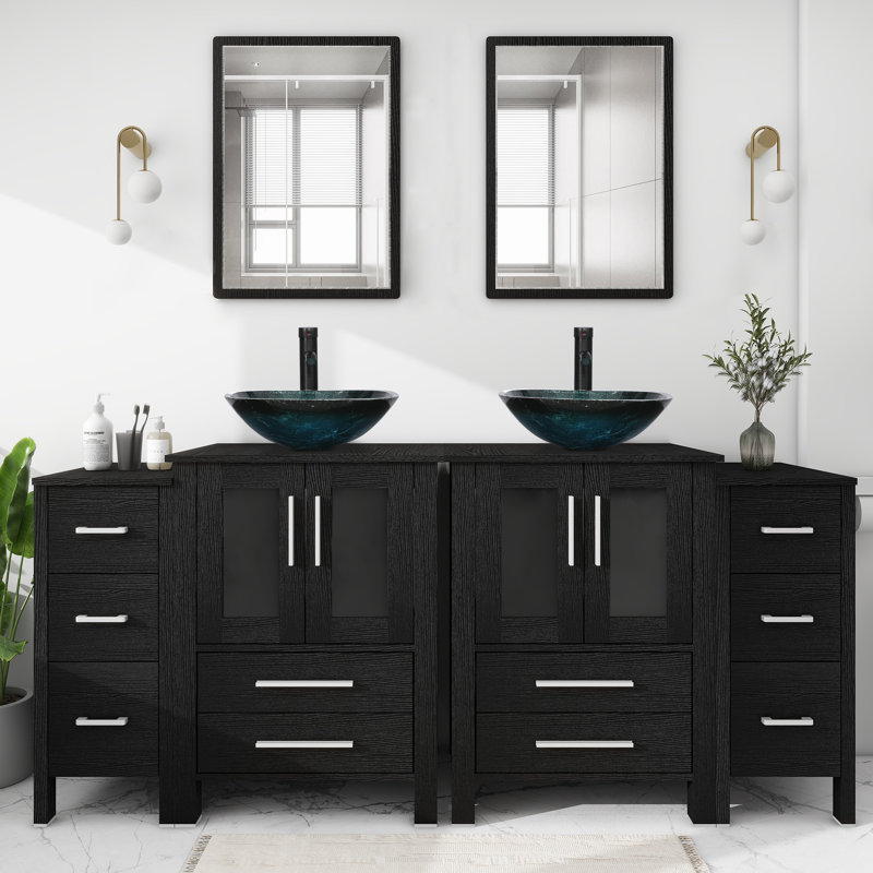 Ensemble de meuble-lavabo double 72 po avec lavabo en verre, robinet économiseur d'eau, Noir, Noir