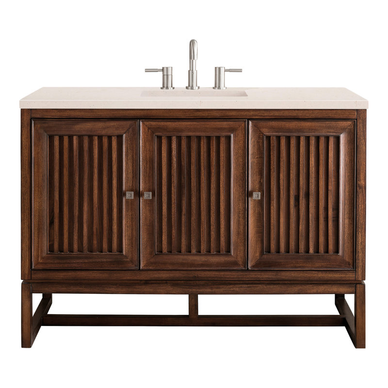 Athens 48'' Single Bathroom Vanity with Quartz Top, Glossy White, Ethereal Noctis, 8" Widespread
