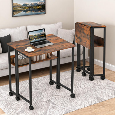 Bureau pliant compact de 24,8 pouces avec tablette de rangement et roulettes - Table d'ordinateur roulante - Bureau d'écriture portable peu encombrant - Assemblage facile pour la maison et le bureau - Couleur rétro