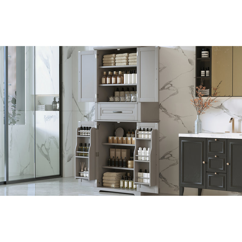Rangement de salle de bain gris avec tablette pratique, armoire réglable et armoire fonctionnelle à tiroir coulissant, tablettes compactes