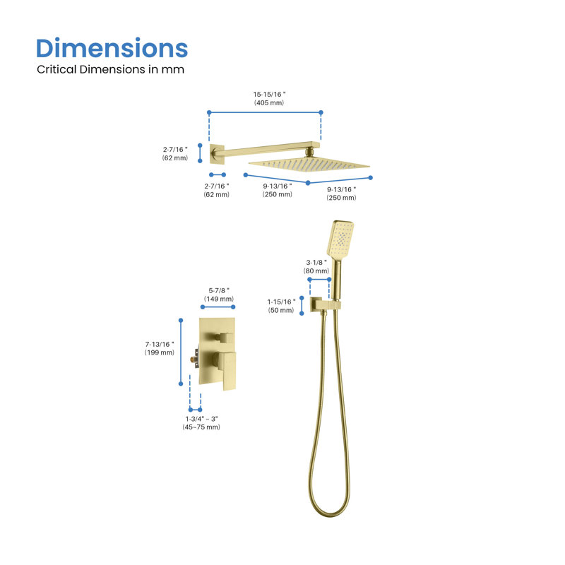 Système de douche cubique à pression équilibrée 2 fonctions avec valve brute, Or brossé