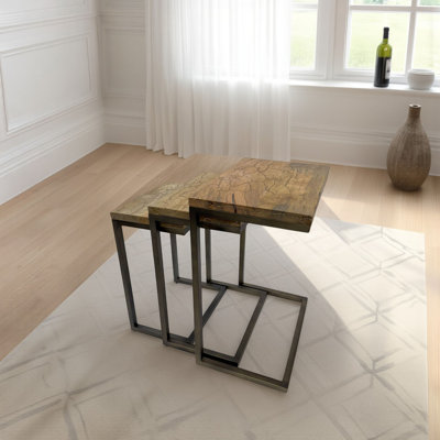 Electra 3 Piece Square Nesting Table Set - Electrified Wooden Top Accent Table
