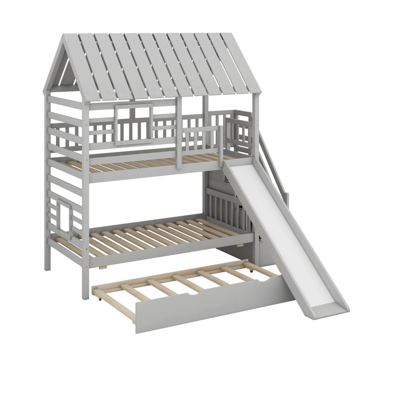 Twin Over Twin Bunk Bed With Trundle, Gray