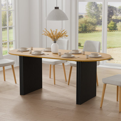 67"W×33.5"D Two-Tone Oval Oak Wood Dining Table with DoubLe Pedestal Kitchen Table with Solid Wood Legs for Seats 6