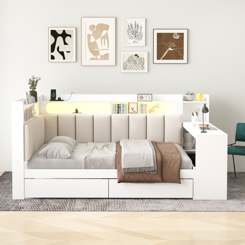 Full Upholstered Daybed With Desk, Charging Station And Storage, White