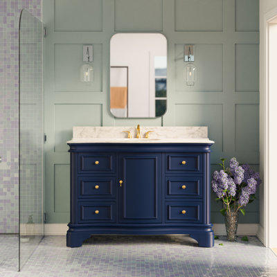 Ensemble de meuble-lavabo simple 48 po avec armoire bleu royal et comptoir en marbre de Carrare Twain