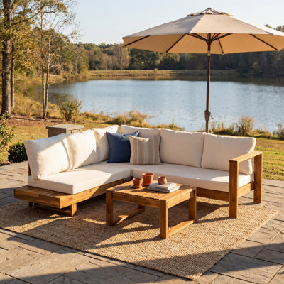 Outdoor 4-Piece Acacia Wood Sectional Patio Sofa Set – L-Shape Modular Sofa with Corner Connector & Coffee Table, Slatted Design & Water-Resistant Cream Cushions