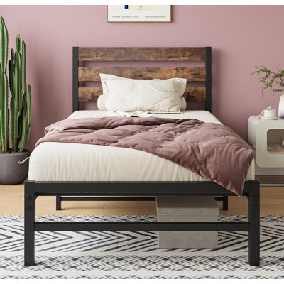Platform Bed with Rustic Wood Headboard Metal Bed Modern Bed
