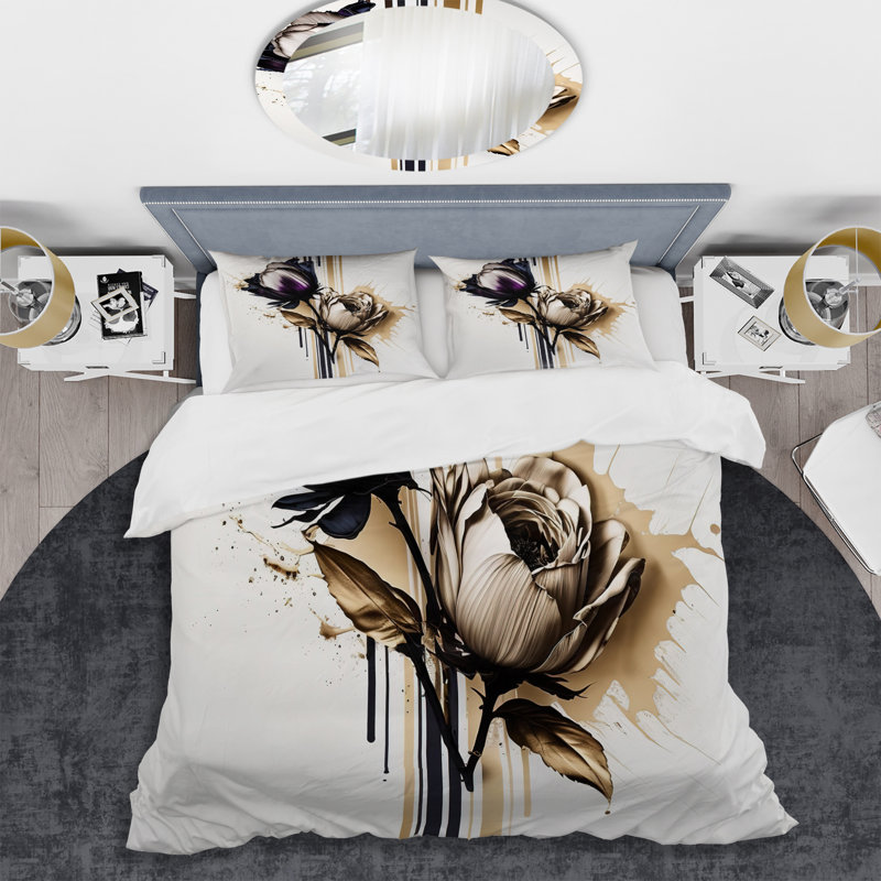 Fleur mauve sur peinture abstraite III - ensemble de housse de couette floral - microfibre de polyester