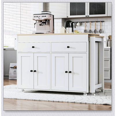 Îlot de cuisine de 74,5 pouces avec table de salle à manger, chariot roulant avec étagère à épices, 2 tiroirs et armoire à 4 portes pour un rangement polyvalent