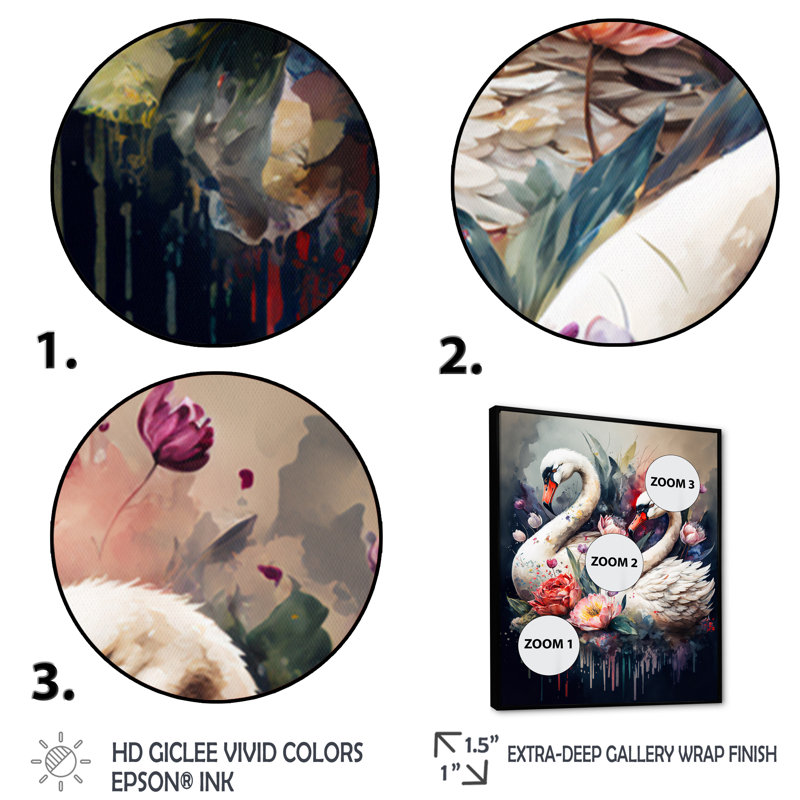 «Cute Swans Floral Art I», art mural sur toile, L 24 po x H 32 po, Toile avec cadre flottant noir