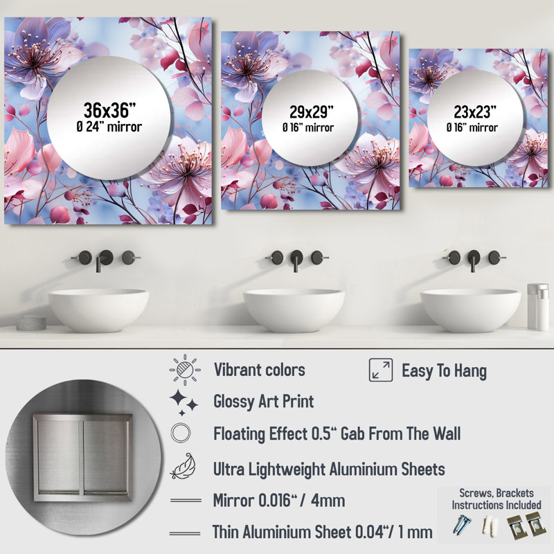 Exquise beauté mauve à motif floral I - Art mural miroir carré floral pour salle de bain, 36 po x 36 po