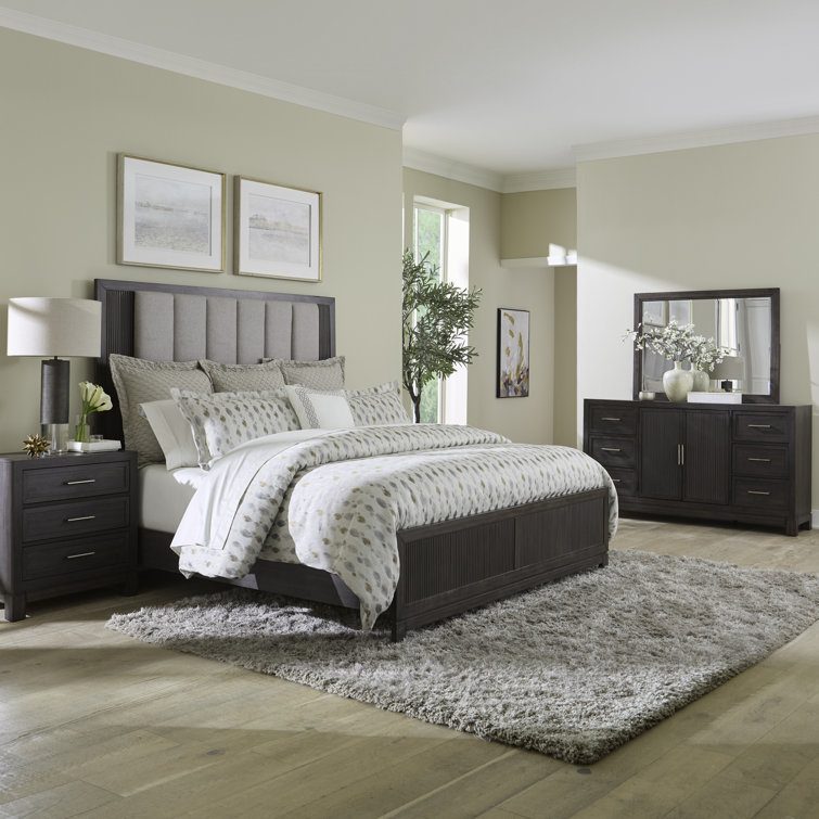 Keniston Upholstered Bed, Dresser & Mirror, Nightstand