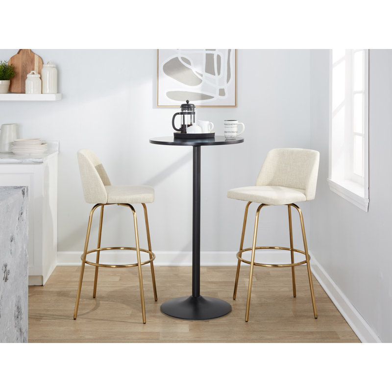 Thea 30" Fixed-Height Bar Stools with Gold Metal Legs & Round Footrest, Gold, Cream Fabric, Bar Stool (30" Seat Height)