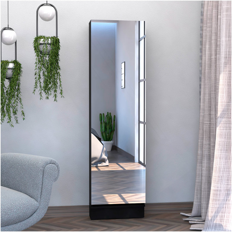 Range-chaussures H 67 po, cinq tablettes de rangement internes, un miroir, une porte, capacité approximative de 10 paires de chaussures, noir