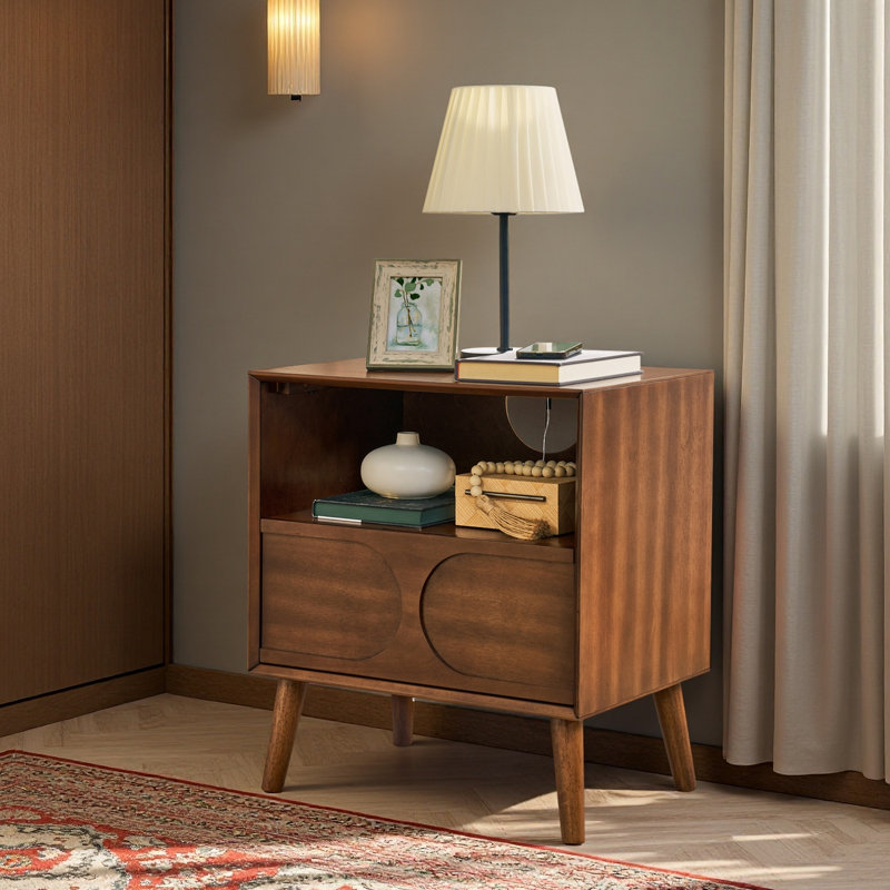 Mid Century Nightstand with Charging Station & Drawer, End Table for Bedroom
