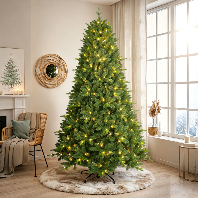 Arbre de Noël artificiel pré-éclairé avec lumières blanc chaud et embouts de branches mixtes en PVC / PE, 7'