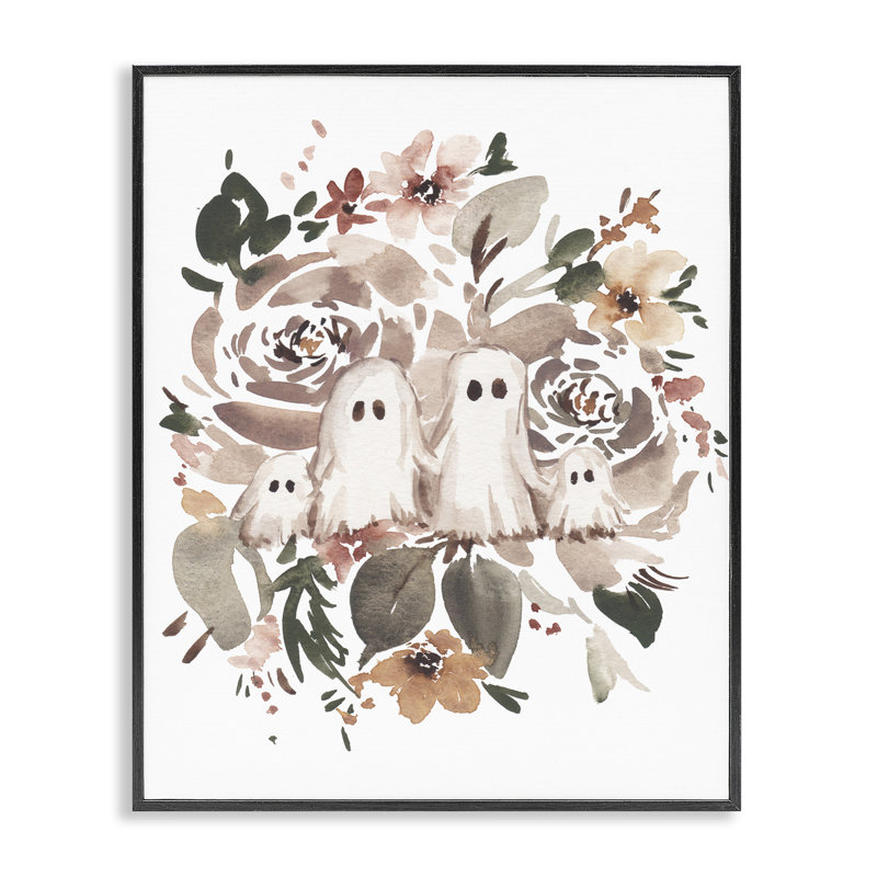  Petits fantômes avec botanique, estampe numérique par Amanda Cook, H 20 po x l 16 po, Giclée encadrée noir minuit