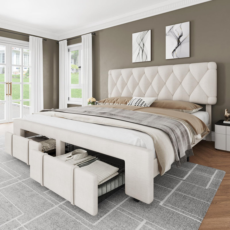 Structure de lit plateforme tapissier avec tiroirs de rangement, sommier avec support en lattes de bois massif, Beige