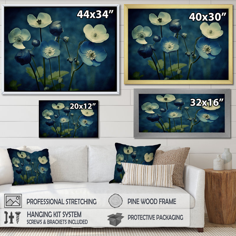 «Blossoming Buttercup Flowers» - impression rétro, H 12 po x l 20 po x P 1 po, Cadre simple noir