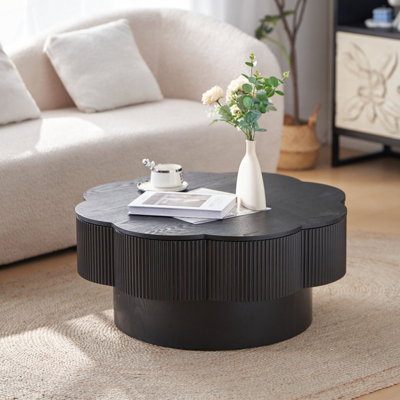 Table basse 31,50 "en forme de fleur, table basse en forme de fleur de prunier avec rangement - placage en bois naturel, pour salon, appartement, bureau, assemblage facile, noir