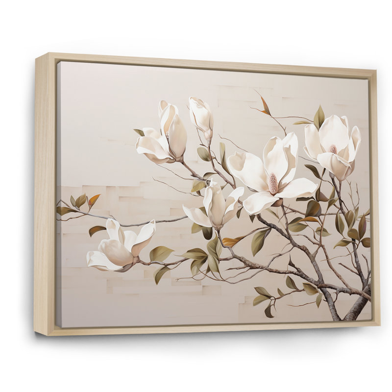Magnolias rêveuses beiges en fleurs II, Cadre naturel flottant, H 24 po x l 32 po x P 1 po