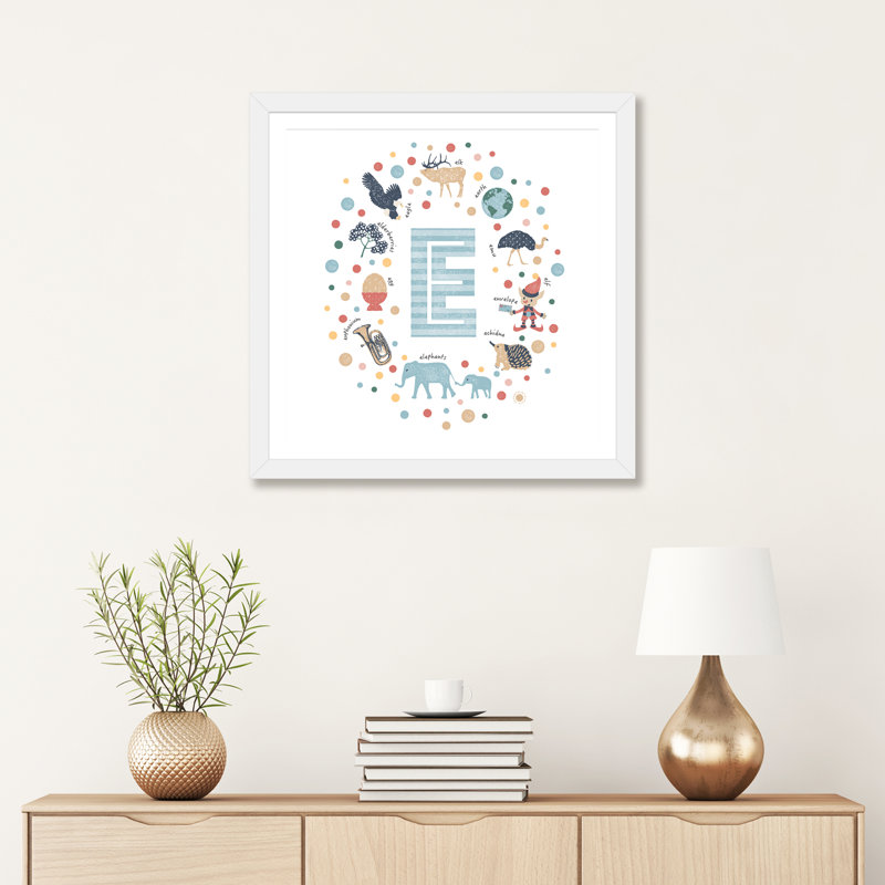 Lettre illustrée E bleue - impression, Blanc, H 24 po x l 24 po x p 1 po, Papier encadré blanc