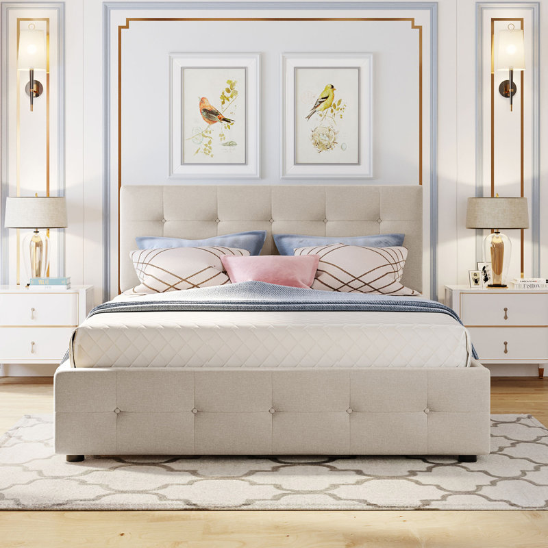 Lit plateforme tapissier avec 2 tiroirs et 1 lit gigogne simple TG, tissu de lin, grand lit - beige foncé (OLD SKU: LP100314AAA)