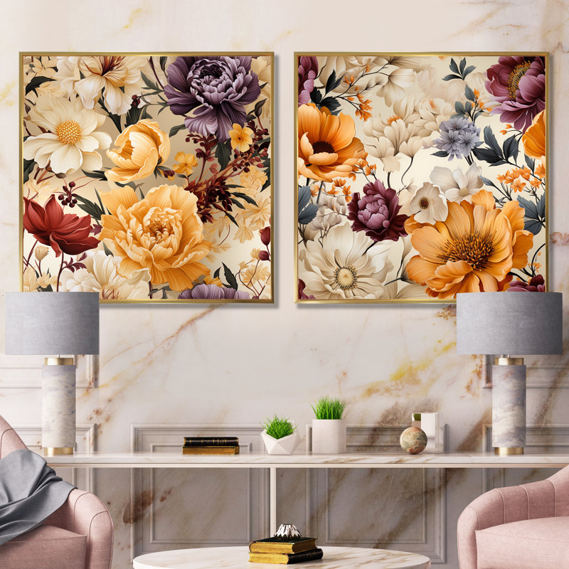 Janes - ensemble de 2 reproductions d'art sur toile florales, Encadrement doré, H 36 po x l 73 po x P 1,5 po