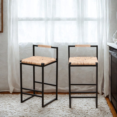 Set of 2 Water Hyacinth Woven Bar Stools with Back Support Counter Height Dining Chairs for Kitchen, Home, Office (Water Hyacinth with Back)
