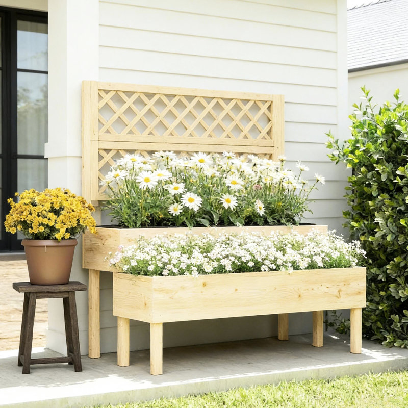 Lit de jardin surélevé pour l'extérieur, jardinière à deux niveaux avec treillis, jardinage confortable sans flexion, couleur bois naturel, boîte de treillis à assemblage simple, convient aux herbes sur le patio, boîtes indépendantes,