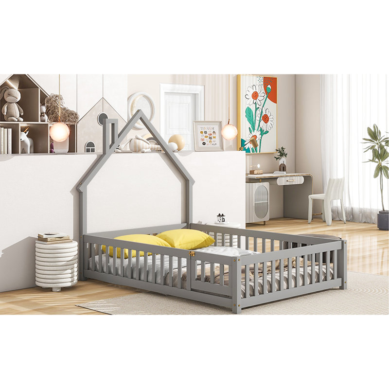 Lit de tête de lit en forme de maison avec clôture, chambre en bois de pin gris pour une nuit calme, assemblage facile, Gris