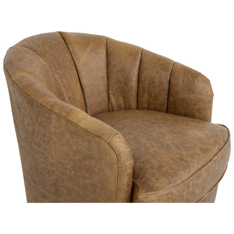 Tipsy Barrel Chair, Brown Genuine Leather, Bright Brass