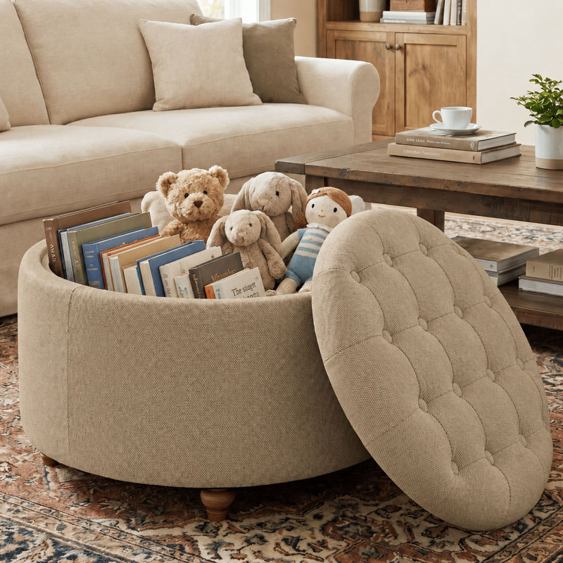 Pouf de rangement rond 2 en 1 capitonné avec pattes en bois massif, coussin capitonné et plateau en bois réversible, Brun