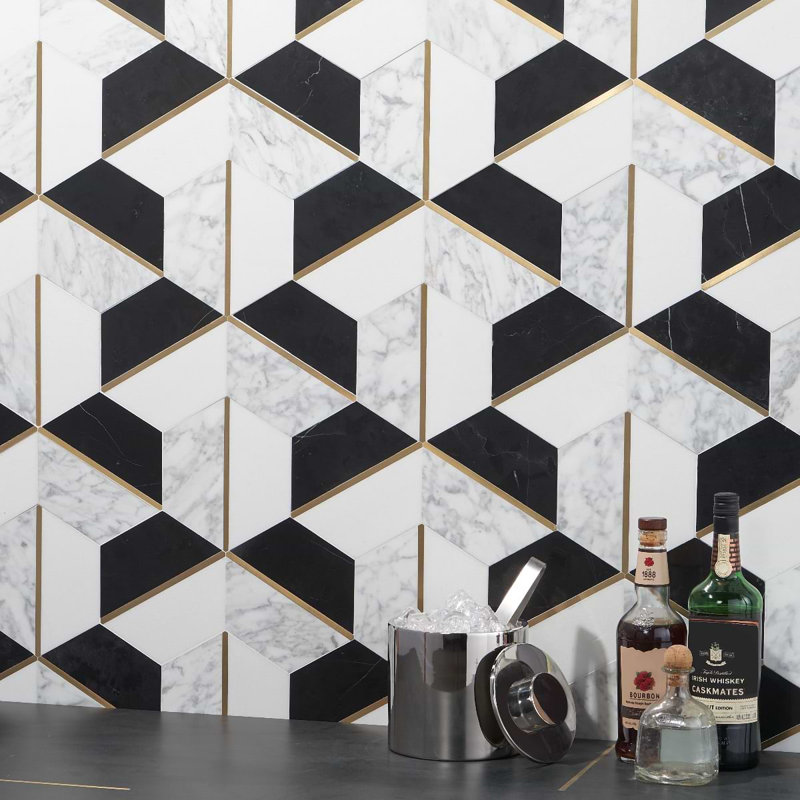 Decade Polished Marble And Brass Mosaic, Nero Blanco