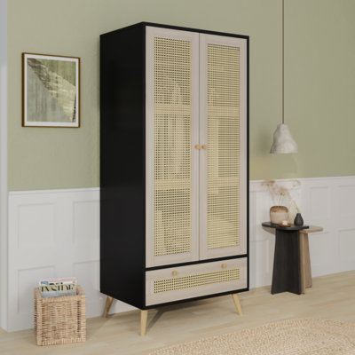 70.8"" Tall Armoire Wardrobe Closet With 2 Rattan Doors & 1 Drawer, Boho Wooden Clothes Storage Cabinet With Hanging Rod For Bedroom -  Dakota Fields, 61022CDA28EC4E8A983847E60634B5B6