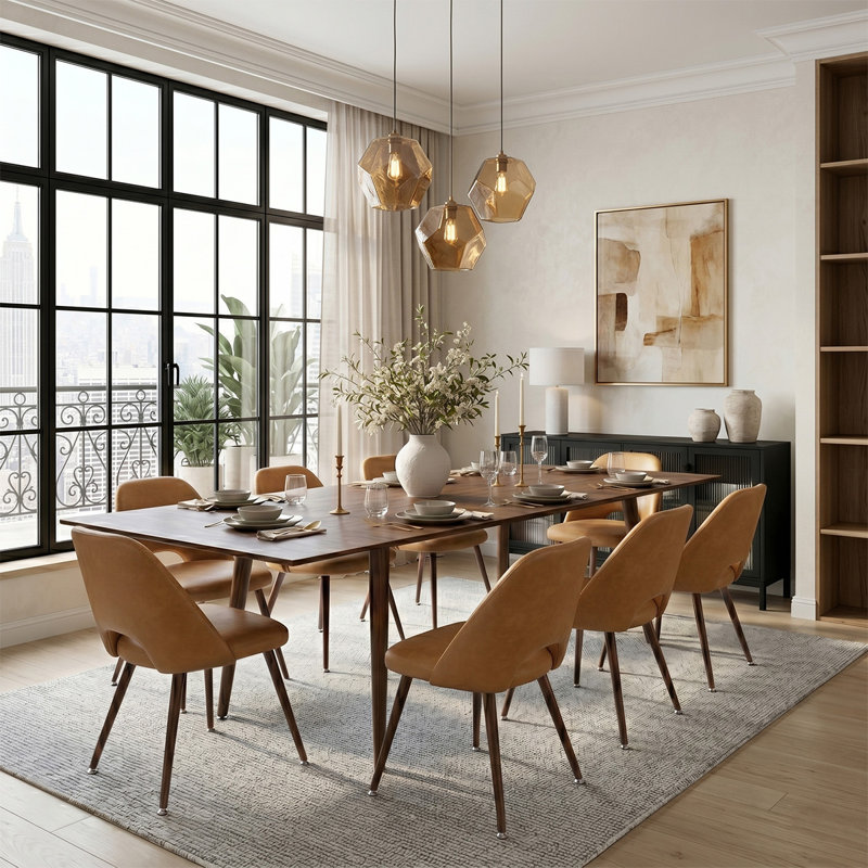 9-Piece Extendable Dining Table Set With Faux Leather Side Chairs, Brown