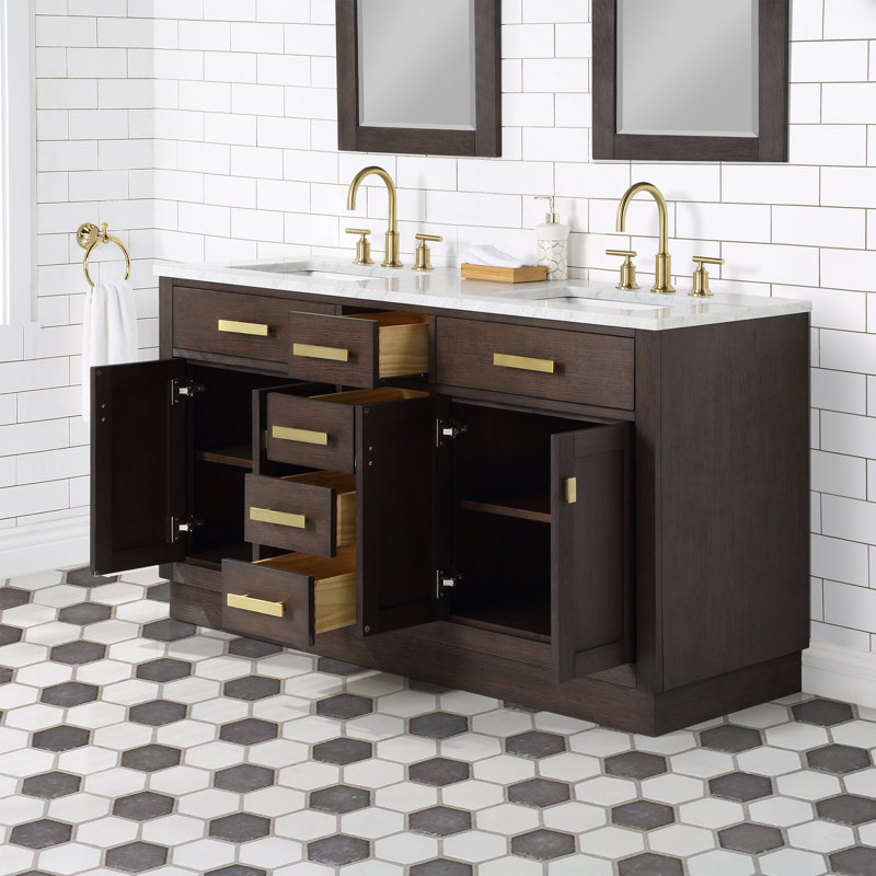 Chestnut 60" Carrara White Marble Countertop Bath Vanity with Mirror, Brown Oak