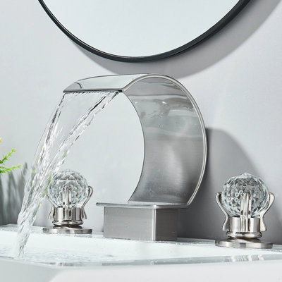 Brushed Nickel Widespread Waterfall Bathroom Faucet, 2 Crystal Knob Handles 3 Hole High Arc Basin Sink Faucet